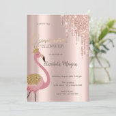 Rose Gold Glitzer Tropfen Pink Flamingo Quinceañer Einladung (Stehend Vorderseite)