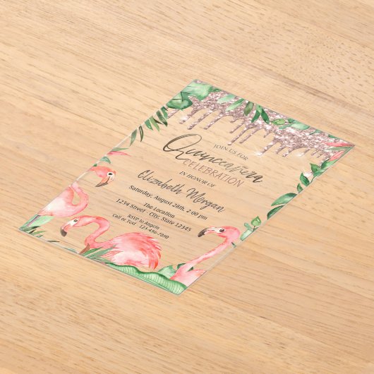 Rose Gold Glitzer Tropfen Pink Flamingos Quinceañe Acryleinladungen (Ablage )