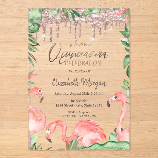 Rose Gold Glitzer Tropfen Pink Flamingos Quinceañe Acryleinladungen (Vorderseite)