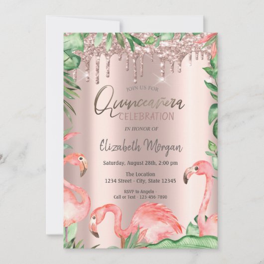 Rose Gold Glitzer Tropfen Pink Flamingos Quinceañe Einladung (Vorderseite)