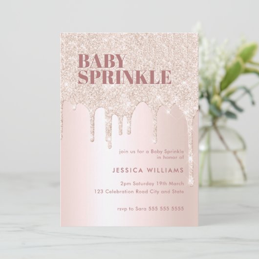 Rose Gold Glitzer Tropfen Pink Girl Oh Baby Sprink Einladung (Stehend Vorderseite)