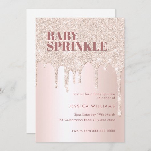Rose Gold Glitzer Tropfen Pink Girl Oh Baby Sprink Einladung (Vorne/Hinten)