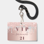 Rose Gold Glitzer Tropfen Pink Silber Vip Ausweis (Vorderseite mit Lanyard)