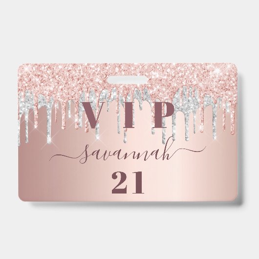 Rose Gold Glitzer Tropfen Pink Silber Vip Ausweis (Vorderseite)