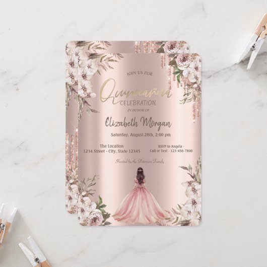 Rose Gold Glitzer Tropfen Princess Dress Blume Einladung (Vorderseite/Rückseite Beispiel)