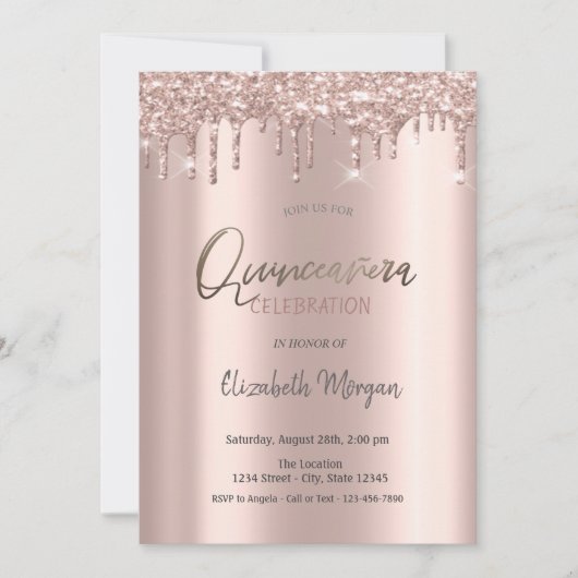 Rose Gold Glitzer Tropfen Quinceanera Einladung (Vorderseite)
