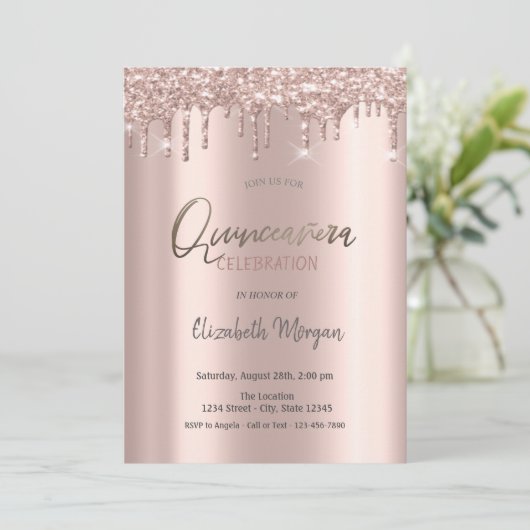 Rose Gold Glitzer Tropfen Quinceanera Einladung (Stehend Vorderseite)