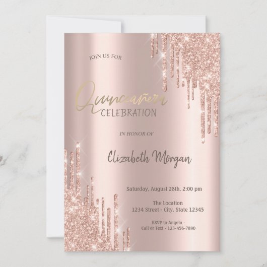 Rose Gold Glitzer Tropfen Quinceañera Einladung (Vorderseite)