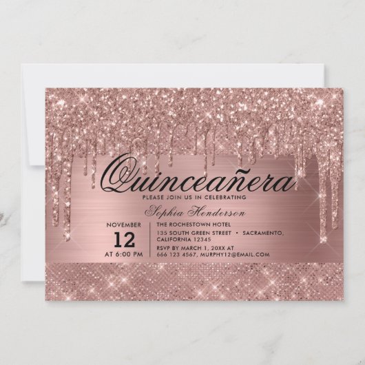 Rose Gold Glitzer Tropfen Quinceañera Einladung (Vorderseite)