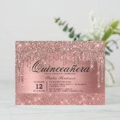 Rose Gold Glitzer Tropfen Quinceañera Einladung (Stehend Vorderseite)