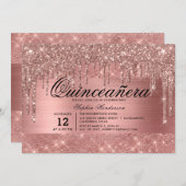Rose Gold Glitzer Tropfen Quinceañera Einladung (Vorne/Hinten)