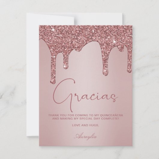 Rose Gold Glitzer Tropfen Quinceanera Foto Gracias Dankeskarte (Vorderseite)