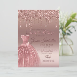 Rose Gold Glitzer Tropfen Quinceanera Geburtstag Einladung