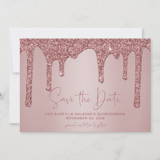 Rose Gold Glitzer Tropfen Quinceanera Save the Dat Save The Date (Vorderseite)