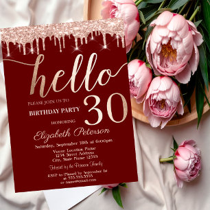 Rose Gold Glitzer Tropfen Red 30. Geburtstag Party Einladung