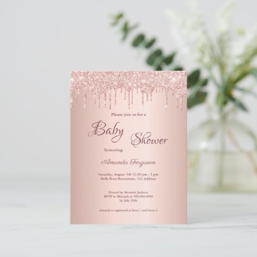 Rose gold Glitzer Tropfen Rosa Baby Dusche Einladu Postkarte (Stehend Vorderseite)