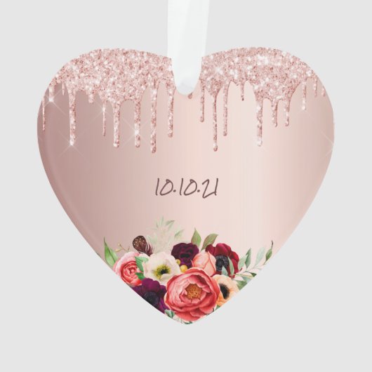 Rose Gold Glitzer Tropfen Rosa Blume Ornament (Rückseite)