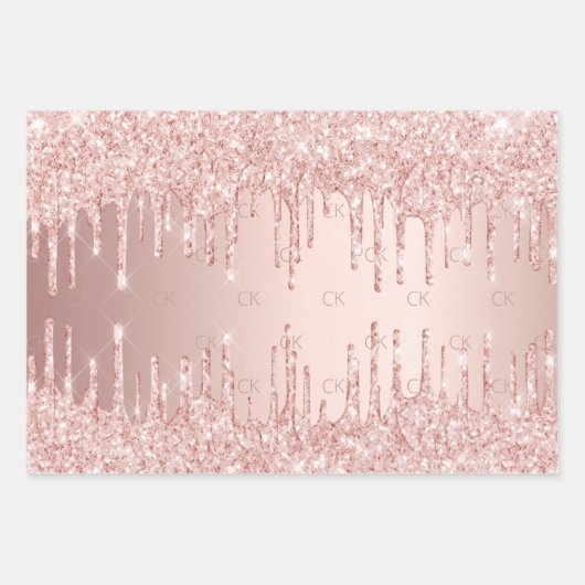 Rose Gold Glitzer Tropfen Rosa Funkelglasmonogramm Geschenkpapier Set (Vorderseite)