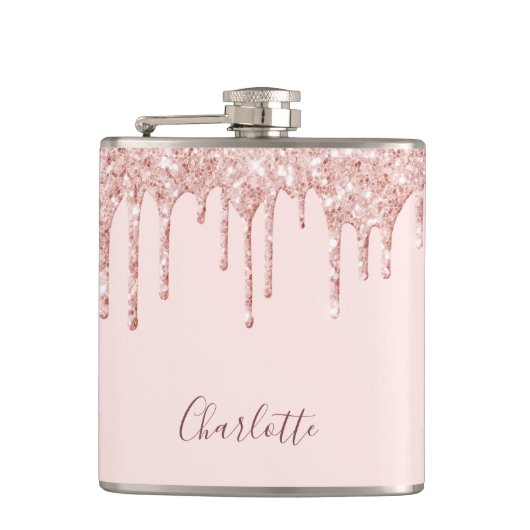 Rose Gold Glitzer Tropfen rosa Monogramm Flachmann (Vorderseite)