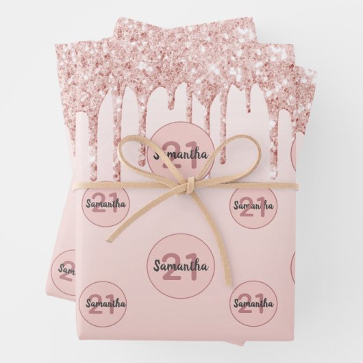 Rose Gold Glitzer Tropfen Rosa Monogramm Geschenkpapier Set (Beispiel)