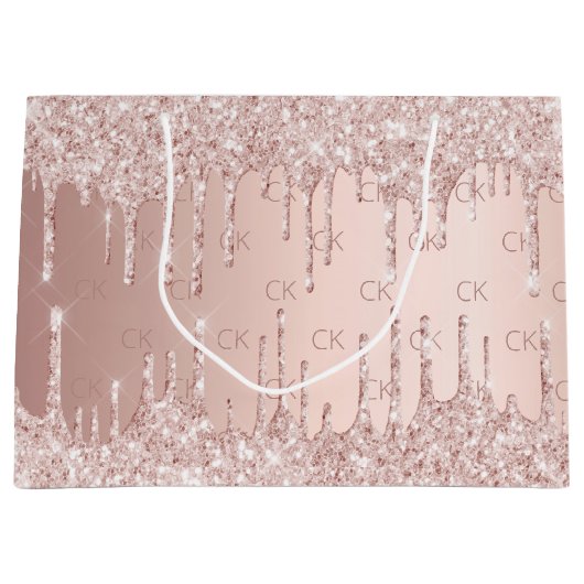Rose Gold Glitzer Tropfen Rosa Monogramm Große Geschenktüte (Vorderseite)