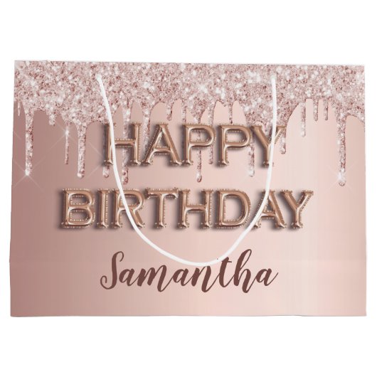 Rose Gold Glitzer Tropfen Rosa Monogramm Große Geschenktüte (Rückseite)