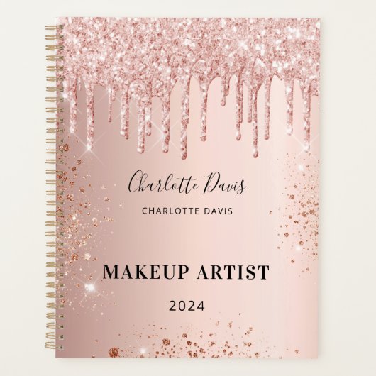Rose Gold Glitzer Tropfen Rosa Namensmarke 2023 Planer (Vorderseite)