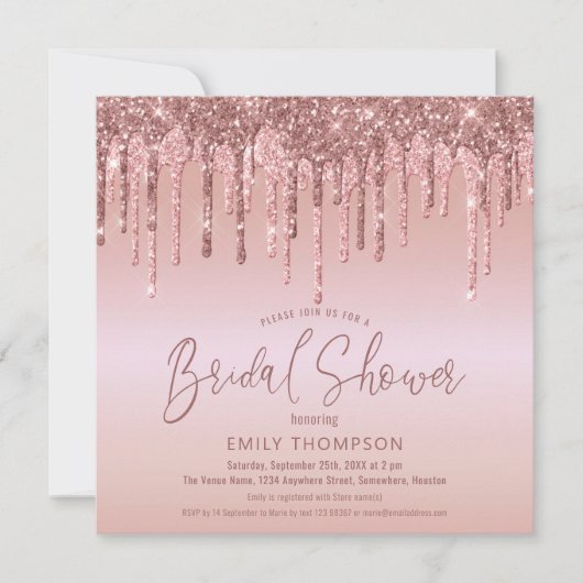 Rose Gold Glitzer Tropfen Script Brautparty Einladung (Vorderseite)