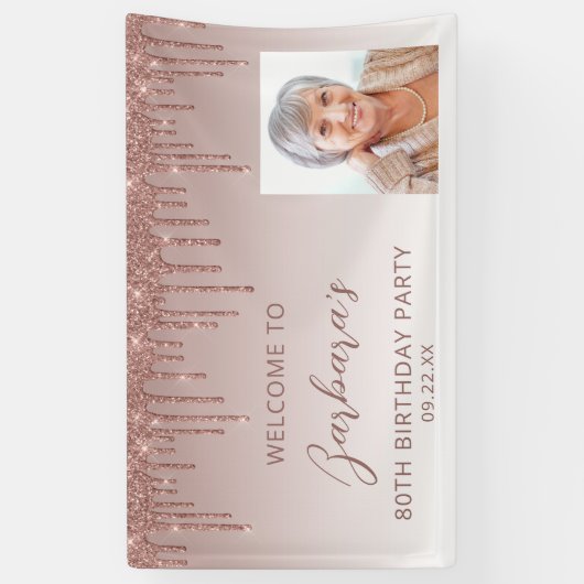Rose Gold Glitzer Tropfen Script Foto 80. Geburtst Banner (Vertikal)