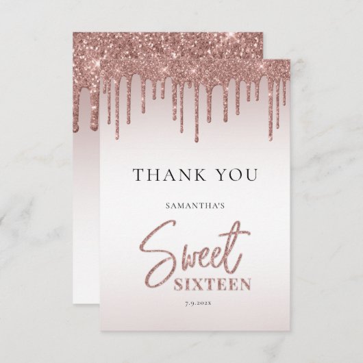 Rose Gold Glitzer Tropfen Script Sweet 16 Dankeskarte (Vorne/Hinten)