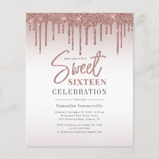 Rose Gold Glitzer Tropfen Script Sweet 16 Einladun (Vorderseite)