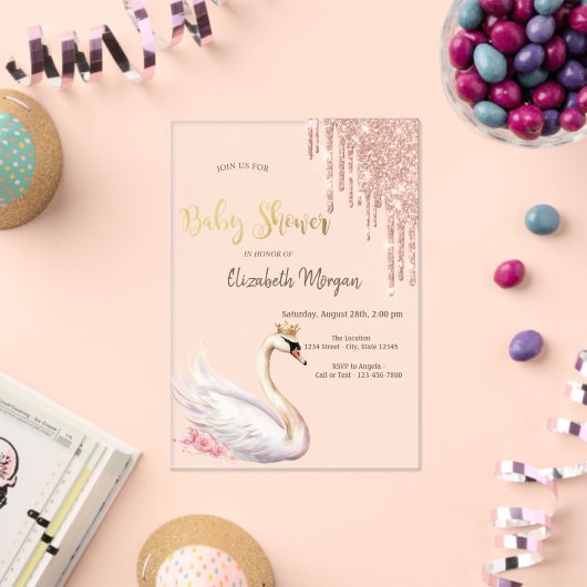 Rose Gold Glitzer Tropfen Swan Crown Blume Acryleinladungen (Insitu (Feier))