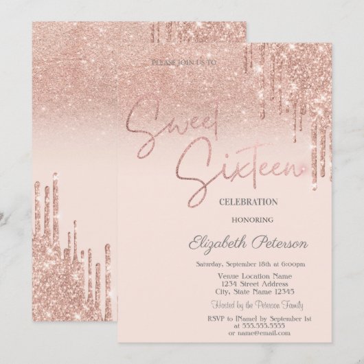 Rose Gold Glitzer, Tropfen Sweet 16 Einladung (Vorne/Hinten)
