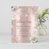 Rose Gold, Glitzer Tropfen, weiße Blume 25. Einladung (Stehend Vorderseite)