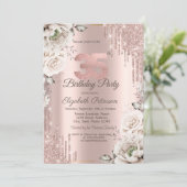 Rose Gold, Glitzer Tropfen, Weiße Blume 35. Einladung (Stehend Vorderseite)