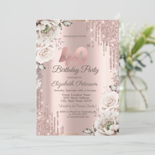 Rose Gold, Glitzer Tropfen, Weiße Blume 40. Einladung (Stehend Vorderseite)