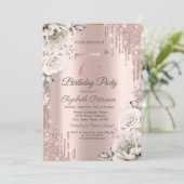 Rose Gold, Glitzer Tropfen, Weiße Blume 75. Einladung (Stehend Vorderseite)