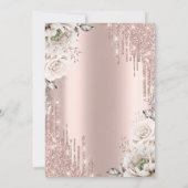 Rose Gold, Glitzer Tropfen, Weiße Blume 85. Einladung (Rückseite)
