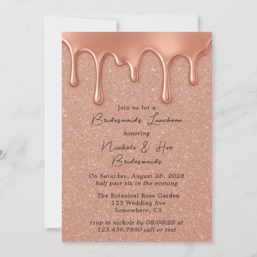 Rose Gold Glitzer & Tropfens Bridesmaids Luncheon Einladung (Vorderseite)
