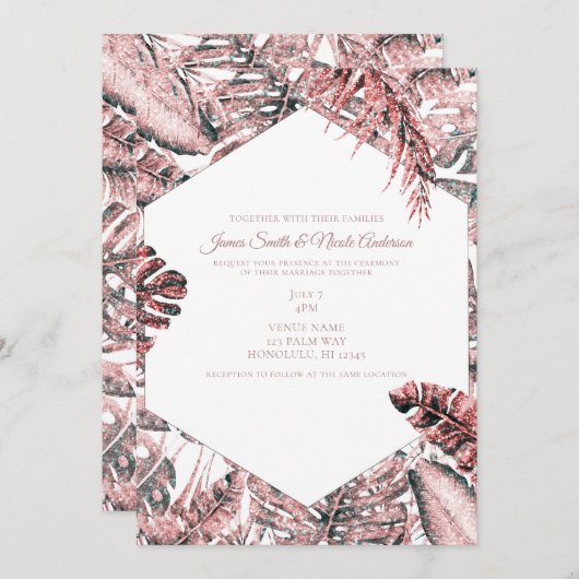 Rose Gold Glitzer Tropical Palm Blätter Hochzeit Einladung (Vorne/Hinten)