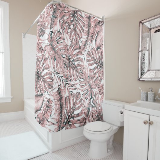 Rose Gold Glitzer Tropical Palm Blätter Insel Chic Duschvorhang (Beispiel)