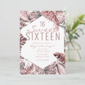 Rose Gold Glitzer Tropical Palm Blätter Sweet 16 I Einladung (Stehend Vorderseite)