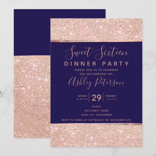 Rose Gold Glitzer Typografie 16 . Geburtstag Einladung (Vorne/Hinten)
