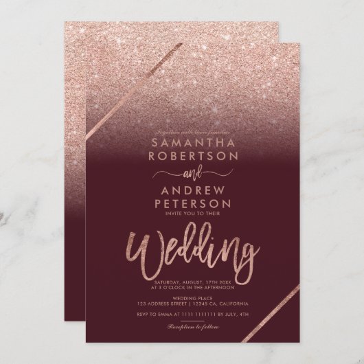 Rose Gold Glitzer Typografie Bordeaux Hochzeit Einladung (Vorne/Hinten)