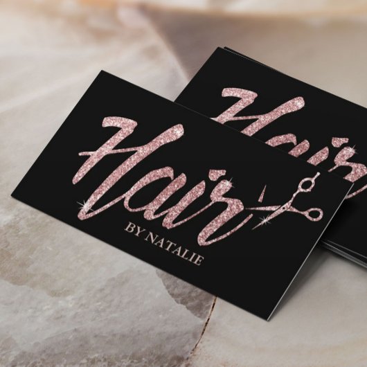 Rose Gold Glitzer Typografie Haar Salon Black Visitenkarte
