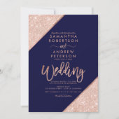 Rose Gold Glitzer Typografie Marine blaue Hochzeit Einladung (Vorderseite)