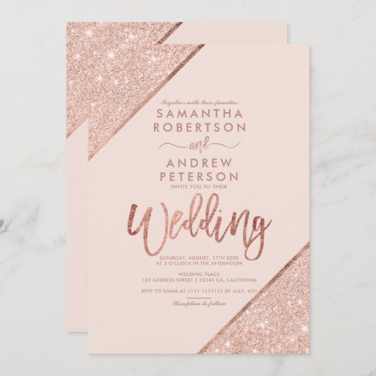 Rose Gold Glitzer Typografie rot Rosa Hochzeit Einladung (Vorne/Hinten)