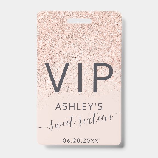 Rose Gold Glitzer Typografie rot Sweet 16 VIP Ausweis (Vorderseite)