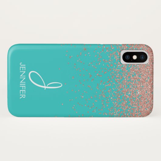 Rose Gold Glitzer und Aquamarin Monogramm Case-Mate iPhone Hülle (Rückseite (Horizontal))
