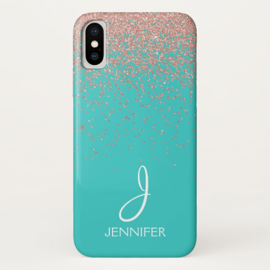 Rose Gold Glitzer und Aquamarin Monogramm Case-Mate iPhone Hülle (Rückseite)